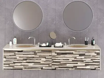 Double Washbain Design - Grey Marble and wood 3D model