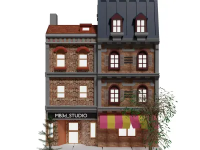 Buildings brick building with awning Low-poly 3D model