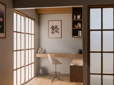 Japanese style room with a desk and chair Low-poly 3D model