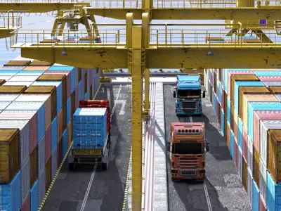 wharf container terminal with trucks and containers 3D model