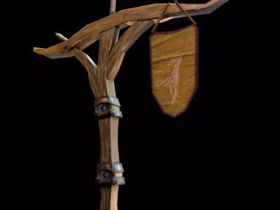 Wooden pillar with banner Low-poly 3D model