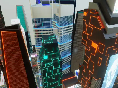 Sci Fi Building City with Roads Lights Screens - Low Poly PBR Low-poly 3D model
