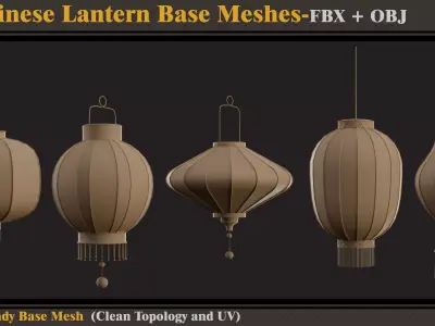 15 Chinese Lantern Base Meshes -FBX- OBJ   Low-poly 3D model