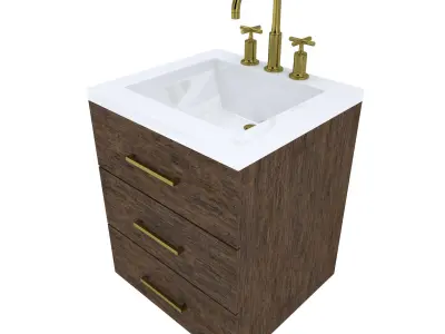 Vanity bathroom with drawers and brass faucet 3D model
