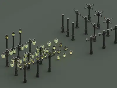 Modular Voxel Street Lights Bundle 3 Styles Clean Rusted Mossy Low-poly 3D model