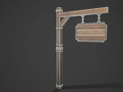 Signboard wooden sign hanging on pole Low-poly 3D model