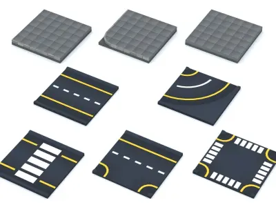 Cartoon Low Poly Modular Road City Floor Pack Low-poly 3D model