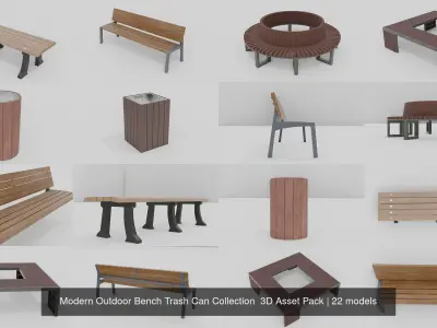 Modern Outdoor 20 Bench 2 Trash Can Collection  3D Asset Pack