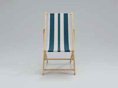 Wooden Folding Beach Chair with Blue and White Striped Seat 3D model