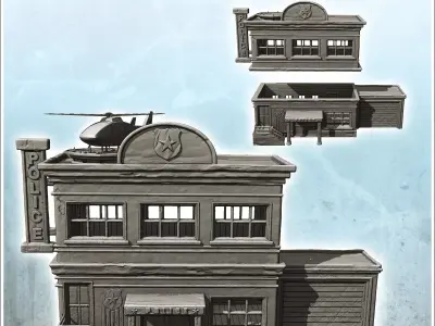 Police station with vehicle garage and rooftop helicopter 10 3D print model