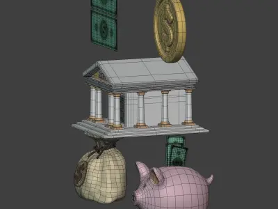 Cartoon Business Icons -- Dollar Money Bag Piggy Bank Bill Coin Low-poly 3D model