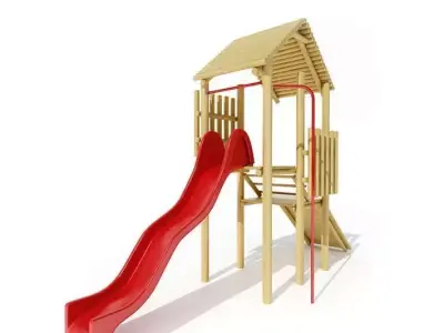 Children s Wood Play Set With Red Slide 3D model