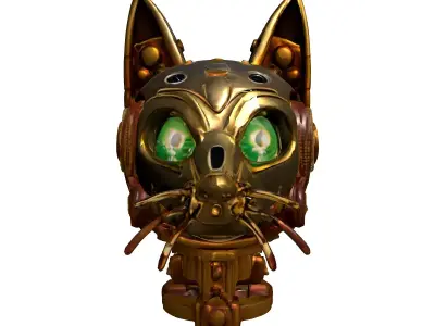 Golden Steampunk Robotic Cat Head Low-poly 3D model