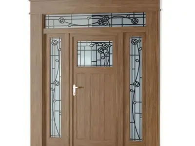 Brown Wooden Door With Stained Glass 3D model