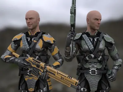 Sci-fi armored human warrior gameready character model Low-poly 3D model