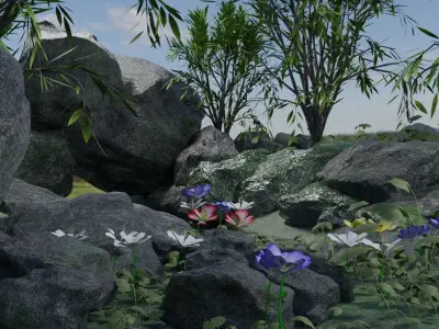 Scene garden with plants and rocks 3D model