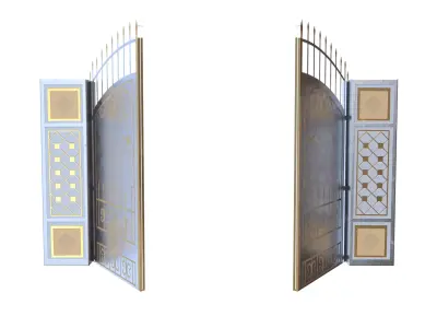 Blue Ornamental Iron Gate 3D Model Low Poly PBR Gold Details Low-poly 3D model