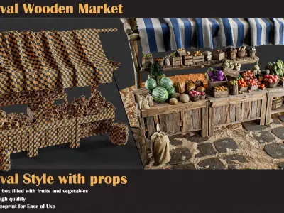 Medieval Wooden Market Pack  Set 1 With Props 3D model