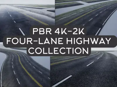 PBR 4K-2K Four-Lane Highway Roads Collection 3D Model Pack