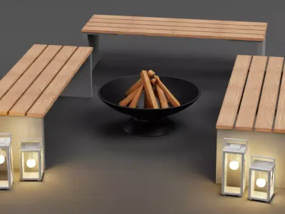 Garden Setup V2 - Modern Seating with Fire Pit and Lanterns Low-poly 3D model