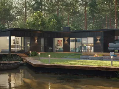 Modern Lakeside Villa House with Garden Exterior 3D Model Low-poly 3D model