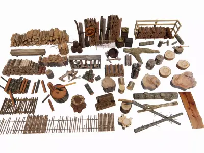 Timber firewood pile logs tree stumps branches 3D model