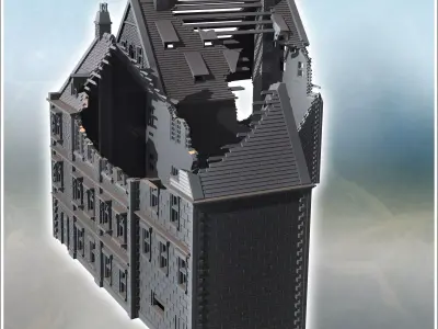 Set of two large modern brick buildings with sloping roofs and d 3D print model purchase