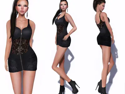 Leather Zip Up Mini Dress with Lace Parts Low-poly 3D model