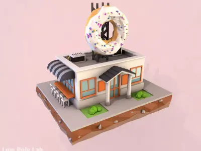 Cartoon Donut City Cafe Low-poly 3D model