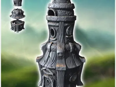 Large medieval tower with wooden door and concave roof and woode 3D print model
