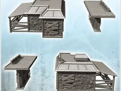Barricaded post-apocalypse gas station with pumps and signs 2 -  3D print model
