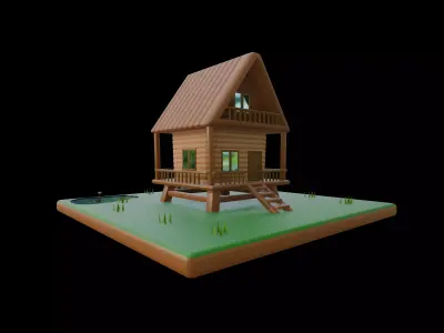 Stylized Wooden Cabin House with Tree and Pond Diorama Low-poly 3D model
