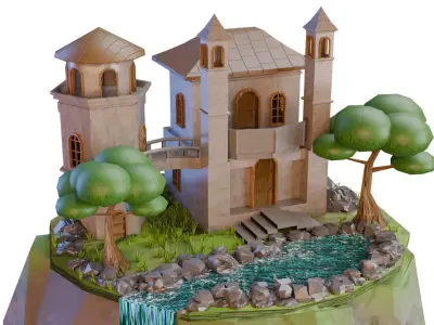 Stylized Celestial Castle Island Low-poly 3D model