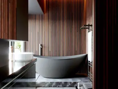 Modern Bathroom with Wooden Accents and Sleek Black Finishes 3D model