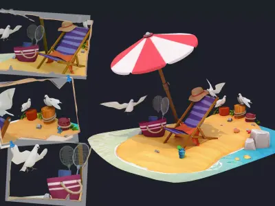 3D Summer beach  Low-poly 3D model