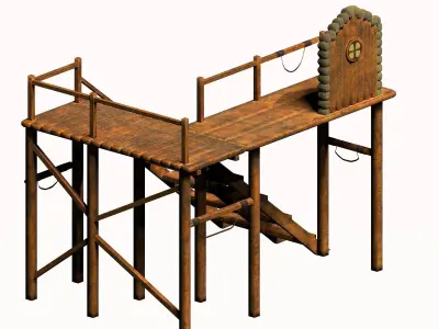 Wooden game asset entrance porch Low-poly 3D model