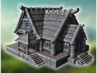 Rustic wooden house with overlapping roof shingles thick wooden  3D print model