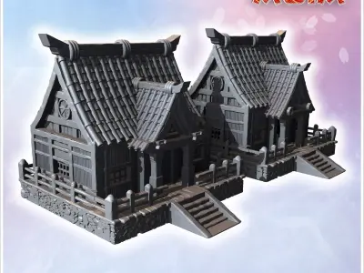 Traditional Japanese houses with wooden railings steep tiled roo 3D print model