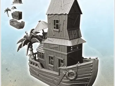 House on boat with parasol and palm tree 1 - Pirate Jungle Islan 3D print model