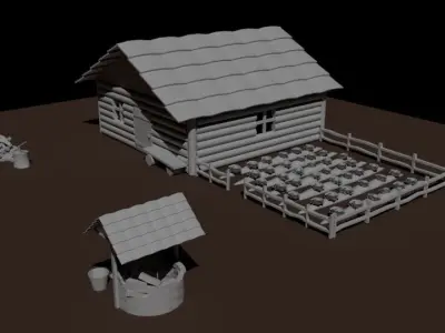 Village 3D low poly log cabin Low-poly 3D model