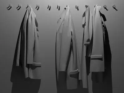 Jackets three coats hanging on wall 3D model