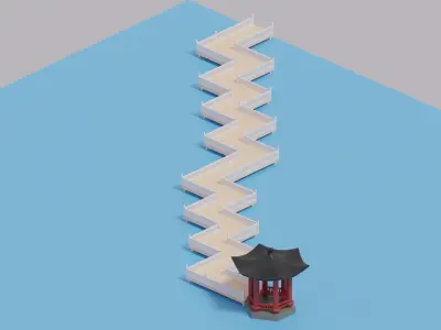 Cartoon Chinese Nine-turn bridge and Pavilion 3D model