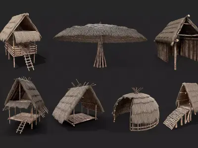 Primitive Wooden Shelter with Thatch Roof PBR Collection 3D Model Pack