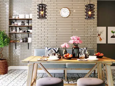 Kitchen with brick walls and wooden flooring Low-poly 3D model