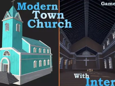 Modern Town Church With Interior Game Ready  Low-poly 3D model