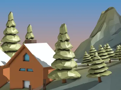Cartoon Mountain Landscape with Houses and Forest Low-poly 3D model
