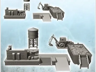 Set of industrial elements with tipper dock backhoe and water ta 3D print model
