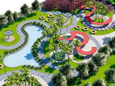Modern Urban Park and Public Square 3D Model Low-poly 3D model