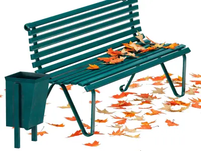 Park bench and autumn maple leaves 3D model