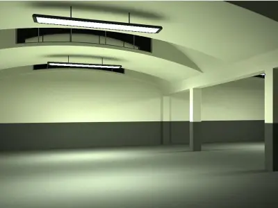 Warehouse long hallway with arches and lights Low-poly 3D model